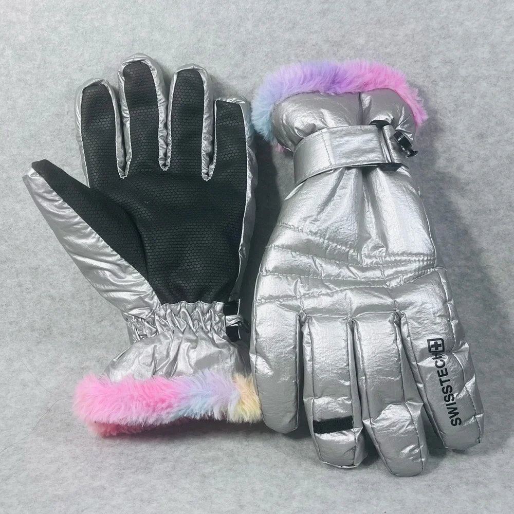 Swiss Tech Girls Rainbow Powder Muff‎ SILVER METALLIC Winter Gloves L/XL